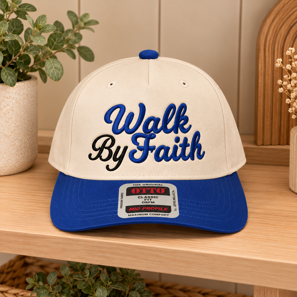 Walk By Faith trucker hat blue brim