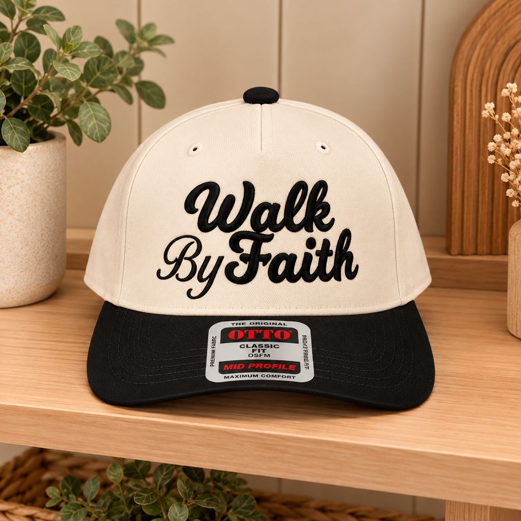 Walk By Faith trucker hat black brim